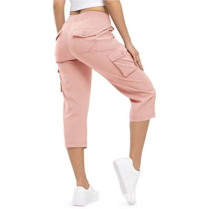 Damen Capri Cargo-Hosen in Bermuda-Länge mit hoher Taille und aufgesetzten Klappentaschen Drune