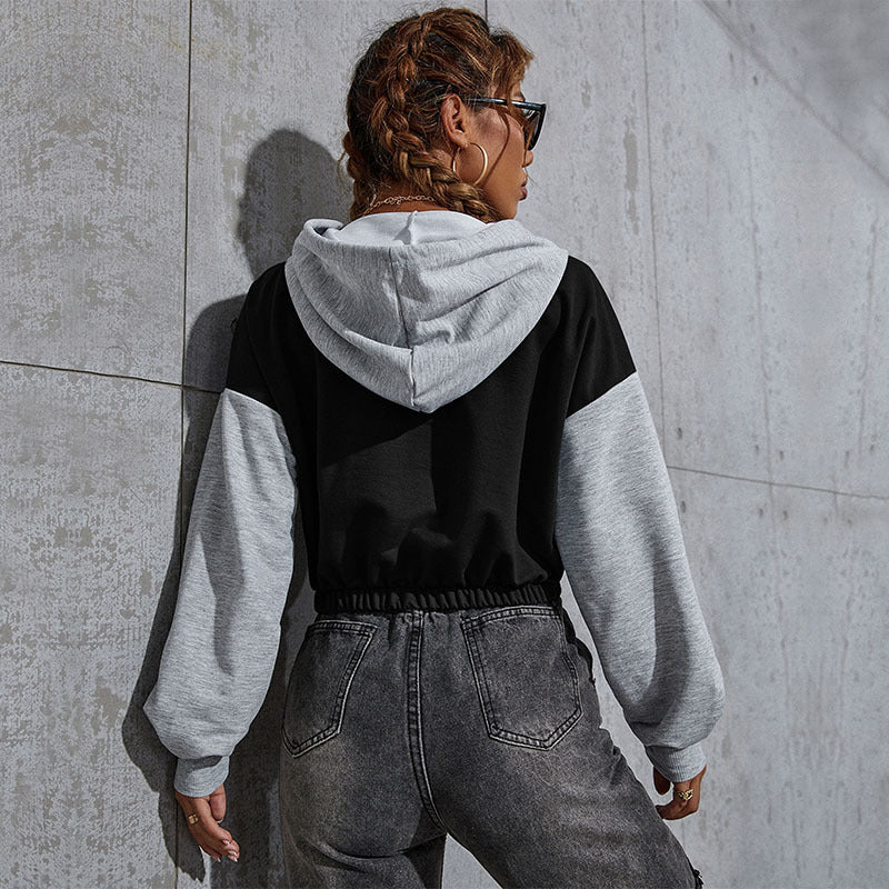Damen Kurz geschnittener Colorblock-Kapuzenpullover mit Tunnelzug, elastischem Saum und Print Drune