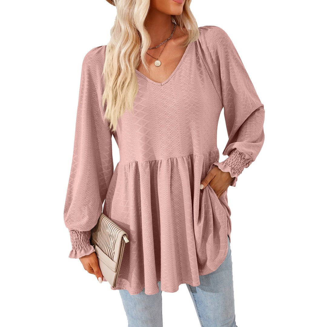 Damen lässiges V-Ausschnitt Blusenshirt mit Rüschen und Taschen Drune
