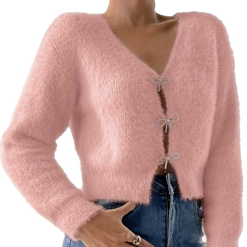 Damen Flauschiger Cropped-Cardigan mit V-Ausschnitt und Schleifen‑Verschlüssen Drune