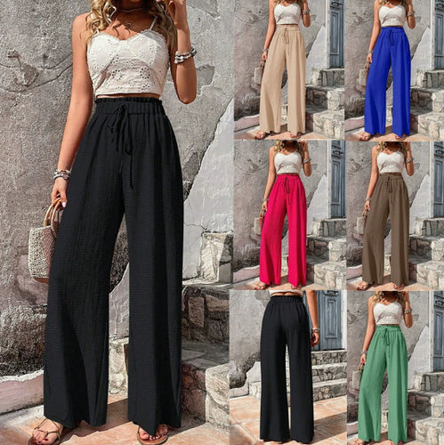 Damen Leichte Palazzo-Loungehose mit strukturierter Crinkle-Optik, hohem Gummibund und Kordelzug Drune