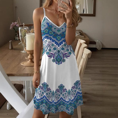 Damen Spaghetti-Träger Kleid mit stilvollem Paisleymuster und A-Linien Schnitt Drune