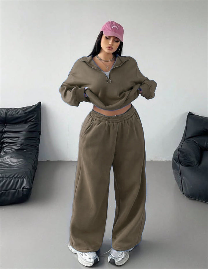 Damen Samt-Cropped-Ziphoodie und weit geschnittene High-Waist Palazzo-Jogginghose Drune