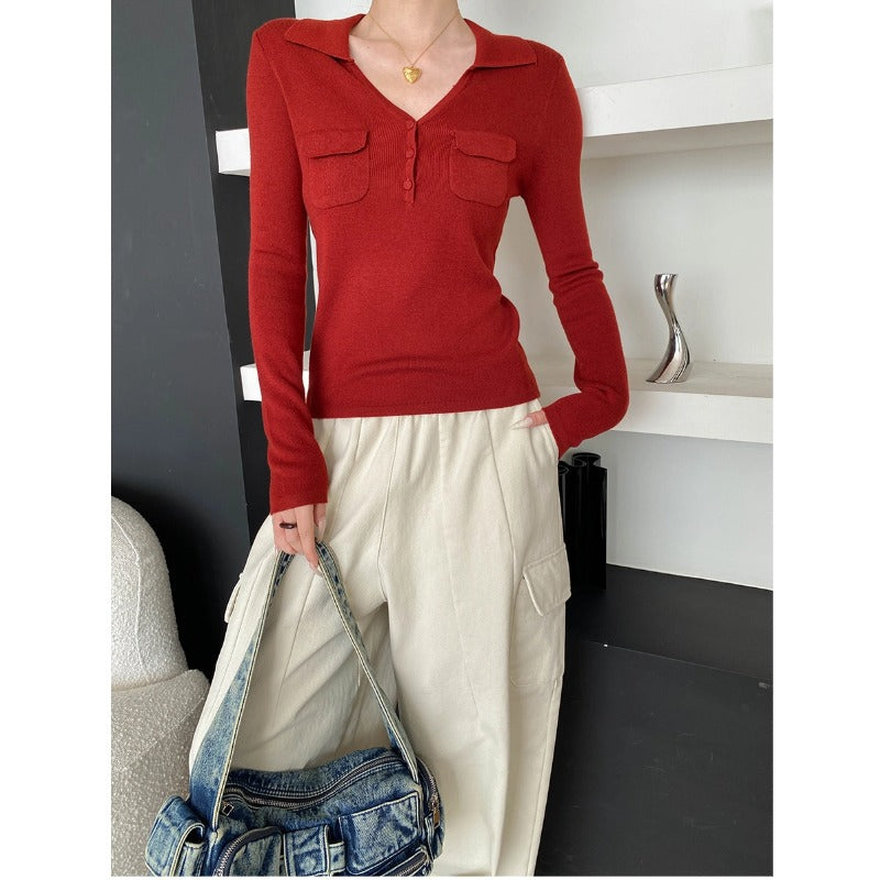 Damen figurbetontes Langarm-Tee mit klassischen Knopfdetails Drune