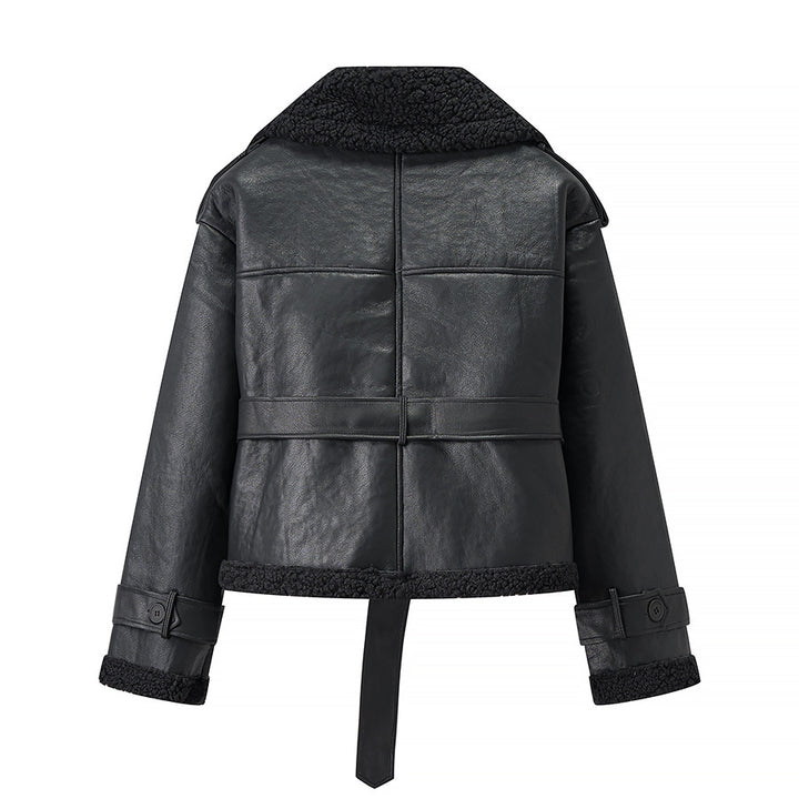 Damen Kurze Fliegerjacke aus Kunstleder mit Teddyfell-Kragen und Taillengürtel Drune