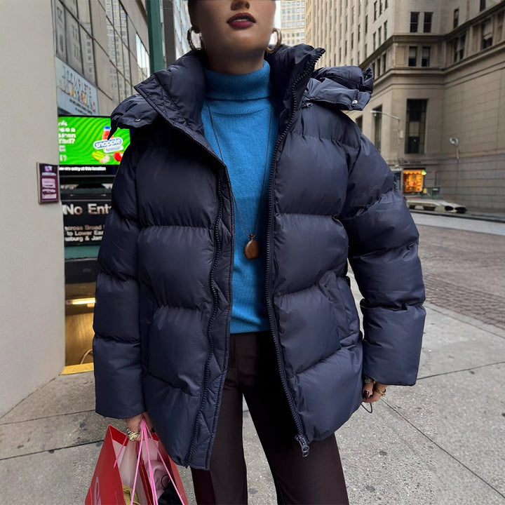 Damen Oversize Stepp-Pufferjacke mit abnehmbarer Kapuze und Zwei-Wege-Reißverschluss Drune