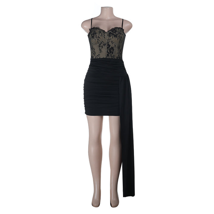 Damen Verführerisches Minikleid mit Spitzenoberteil und asymmetrischem Saum Drune