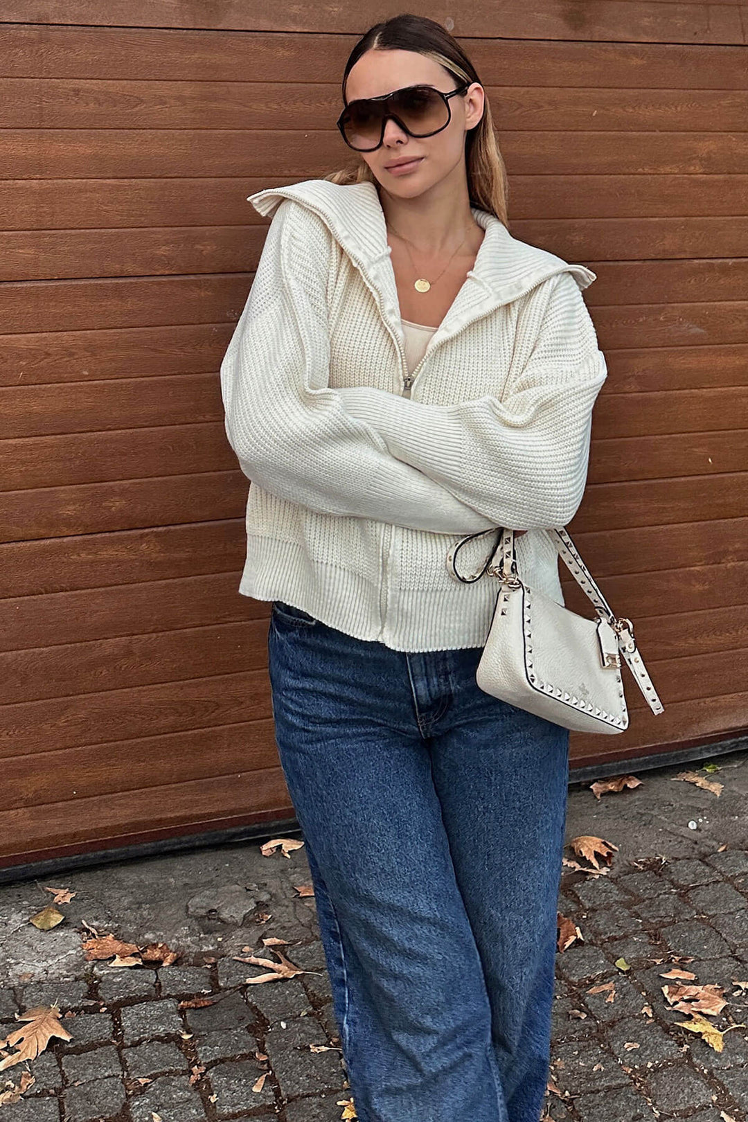 Damen Oversized Strickjacke mit hohem Kragen und Reißverschluss Drune