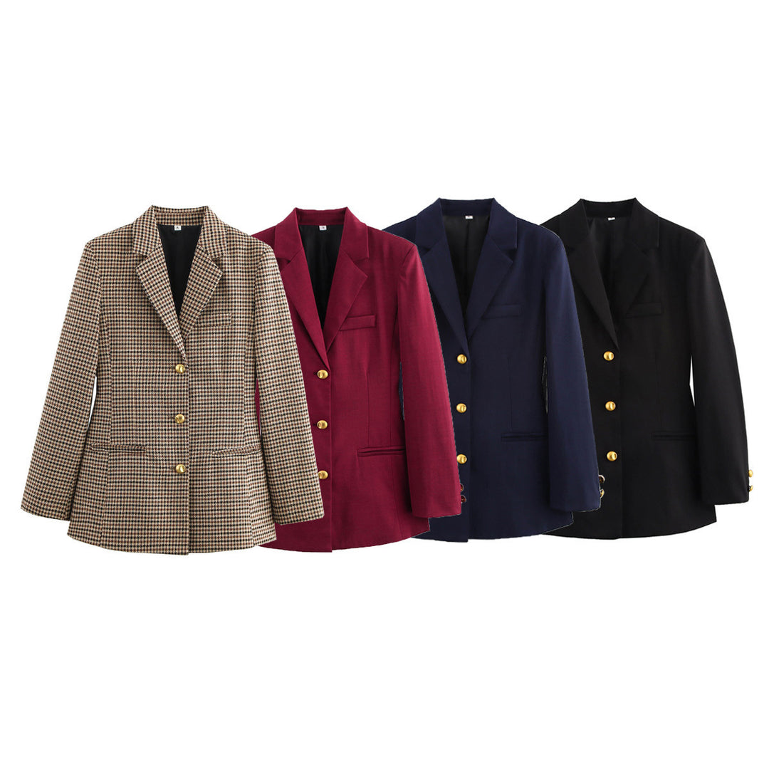 Damen elegante karierte Blazerjacke mit Goldknöpfen Drune