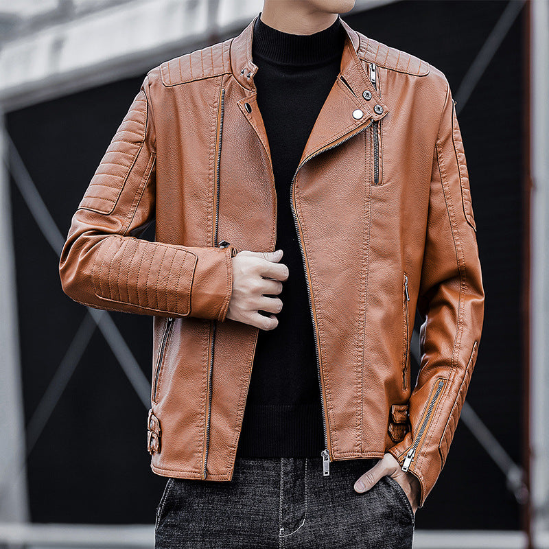 Herren Slim-Fit Kunstleder-Bikerjacke mit gesteppten Ärmelpaneelen, asymmetrischem Reißverschluss und Stehkragen Drune