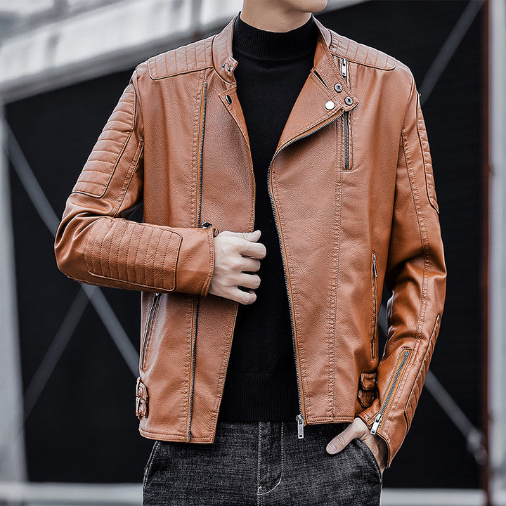 Herren Slim-Fit Kunstleder-Bikerjacke mit gesteppten Ärmelpaneelen, asymmetrischem Reißverschluss und Stehkragen Drune