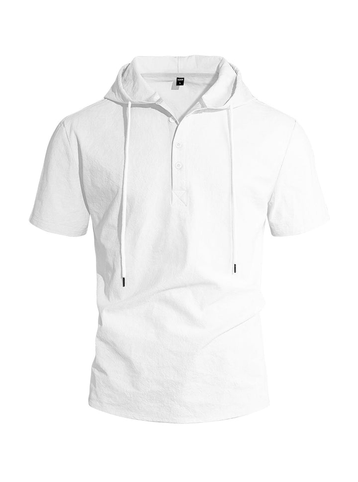 Herren nan kurzärmeliges Kapuzen-Henley aus Slub-Baumwolle mit verdeckter Knopfleiste und Kordelzug Drune