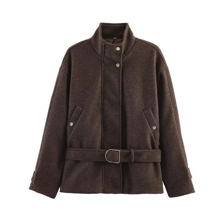 Damen nan taillierte Kurzjacke im Wollmix mit Stehkragen, Druckknopfleiste und Bindegürtel Drune