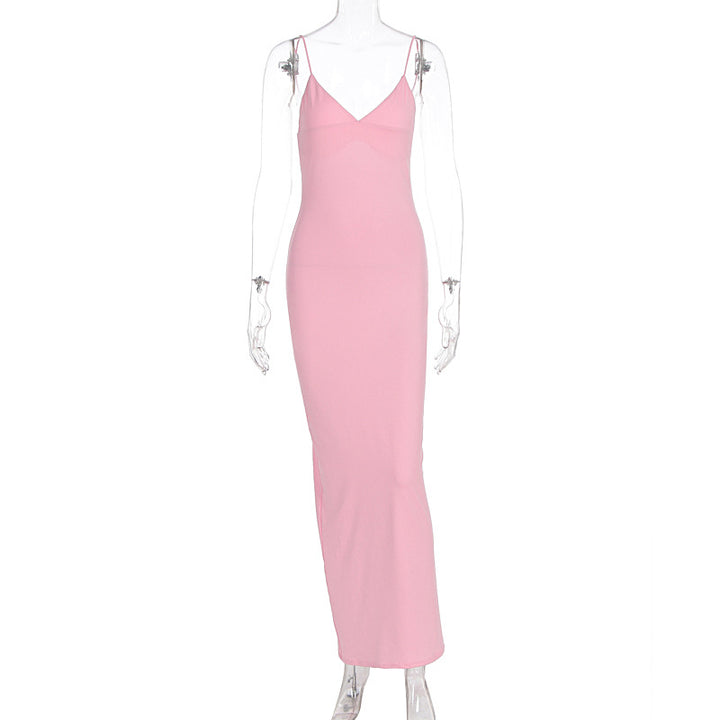 Damen figurbetontes Maxikleid mit schmalen Spaghettiträgern und elegantem V-Ausschnitt Drune