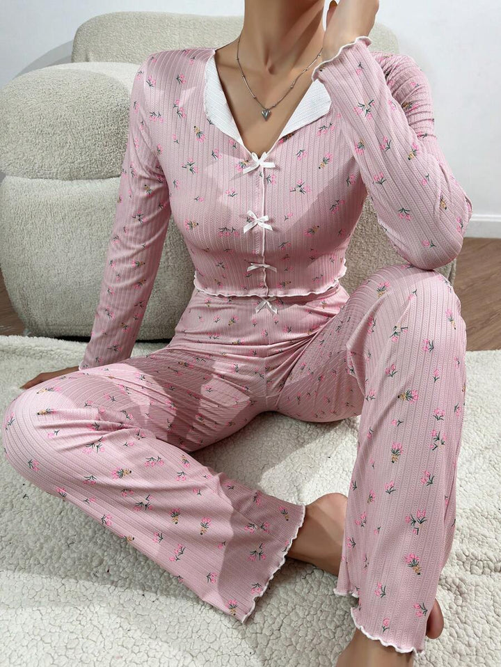 Damen Pyjama-Set mit zarter Rüsche und floralem Muster Drune