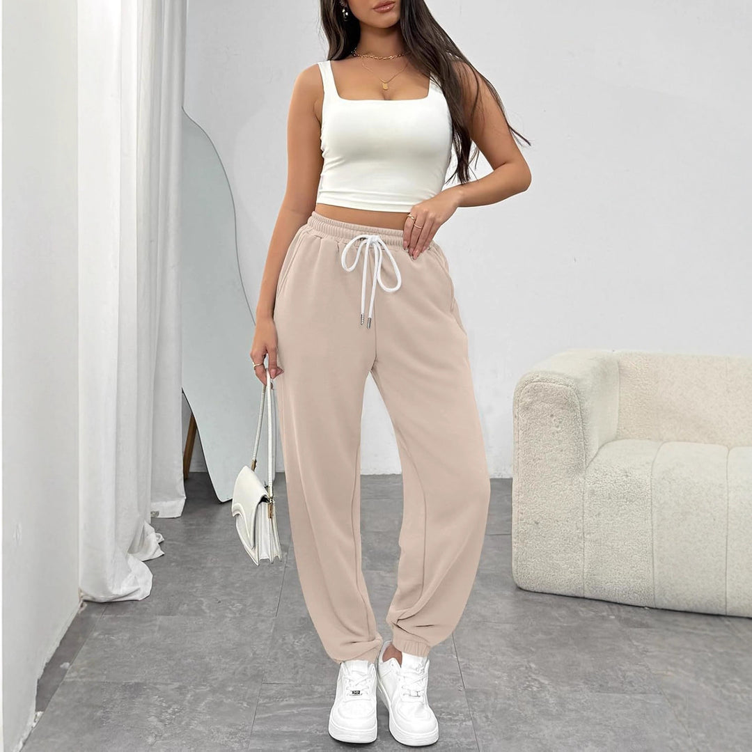 Damen High-Waist Jogginghose mit Tunnelzug, elastischen Bündchen und Seitentaschen Drune