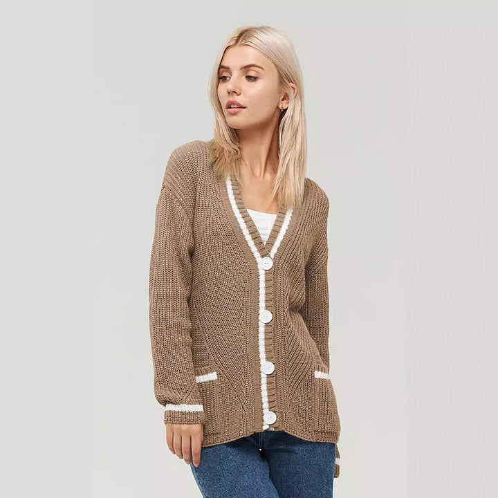 Damen gemütliche Strickjacke mit kontrastierenden Taschen und Knopfdetails Drune