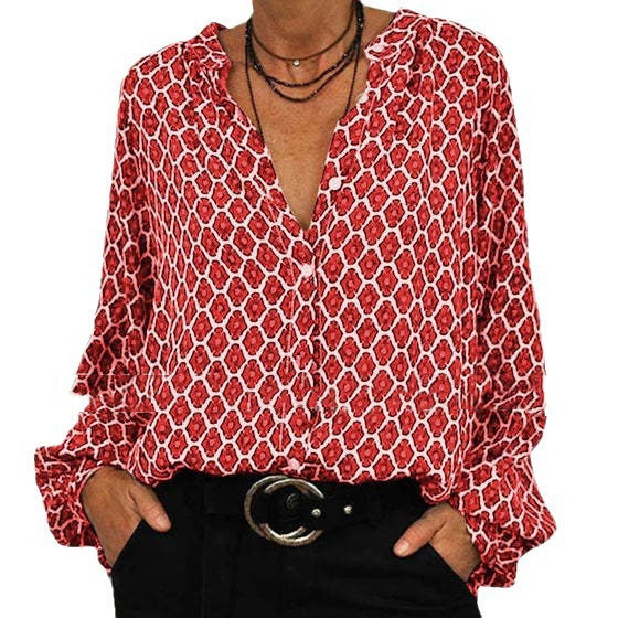 Damen Loose Fit Viskose-Mix Bluse mit V-Ausschnitt, Knopfblende und Ballonärmeln Drune