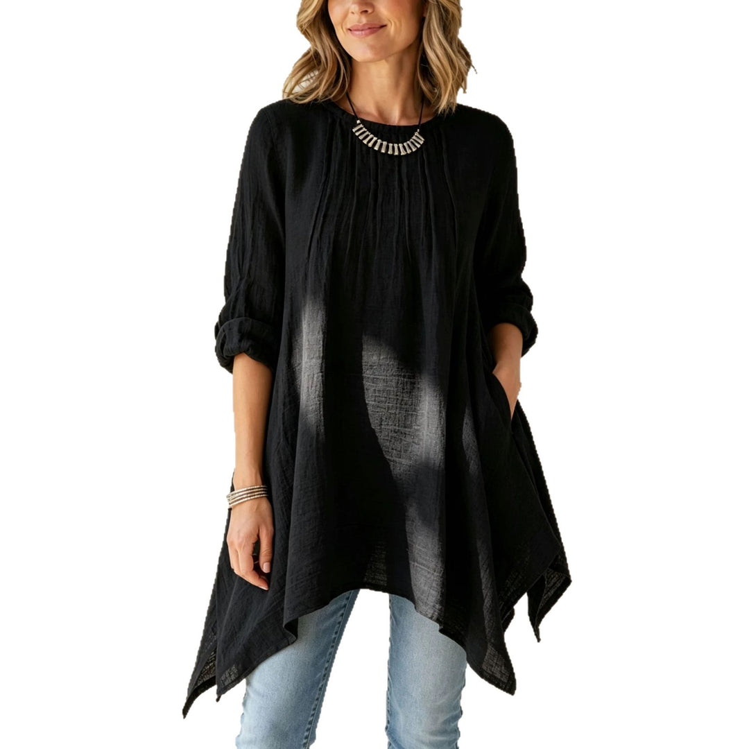 Damen Lässige Tunika-Bluse mit asymmetrischem Saum, feiner Waffelstruktur und Kellerfalten Drune