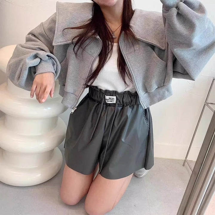 Damen moderne cropped Sweatjacke mit großzügigem Kragen Drune