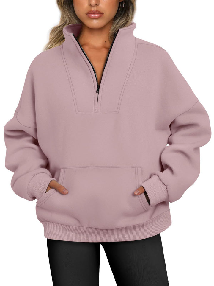 Damen nan oversized Halbzip-Hoodie mit hohem Stehkragen, Kängurutasche und gerippten Bündchen Drune