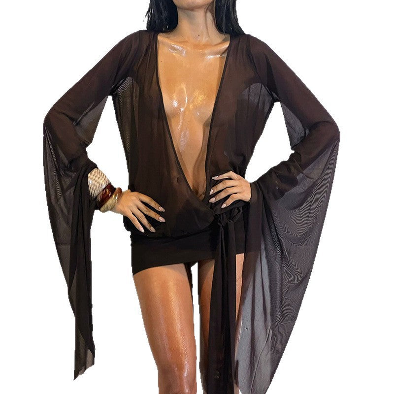 Damen Transparente Strandcover-Up mit tiefem V-Ausschnitt und eleganten Puffärmeln Drune