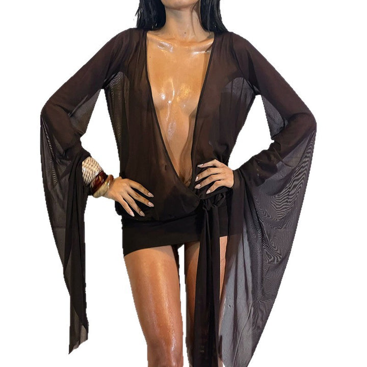 Damen Transparente Strandcover-Up mit tiefem V-Ausschnitt und eleganten Puffärmeln Drune