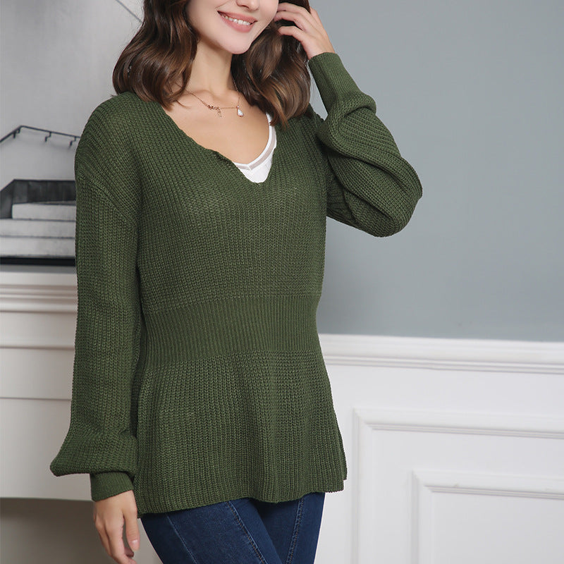 Damen Lockerer Feinstrick-Pullover mit V-Notch-Ausschnitt, Tailliertem Rippbund und Ballonärmeln Drune