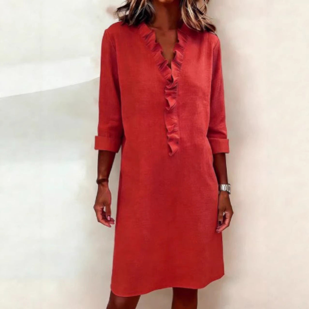 Damen Freizeitkleid mit Rüschen und V-Ausschnitt Drune