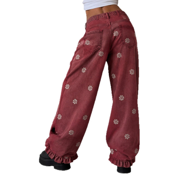 Damen weite Denimhose mit Gänseblümchen-Print, hohem Bund und Rüschenabschluss Drune