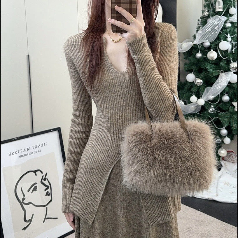 Damen Rippstrickpullover mit tiefem V-Ausschnitt und lässigem Schnitt Drune