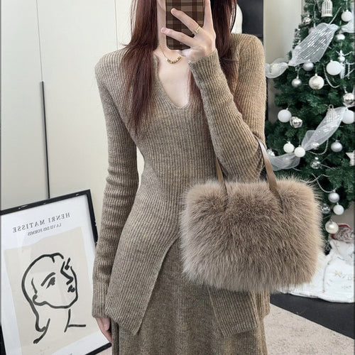 Damen Rippstrickpullover mit tiefem V-Ausschnitt und lässigem Schnitt Drune
