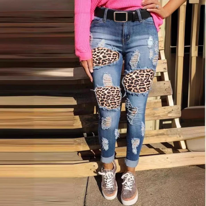 Damen skinny Jeans mit Leoparden-Patch und Vintage-Effekten Drune