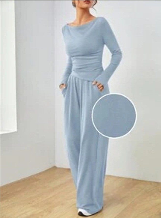 Damen Lässiges Two‑Piece Lounge‑Set mit U‑Boot‑Ausschnitt, taillierter Drapierung und weitem Palazzohose Drune