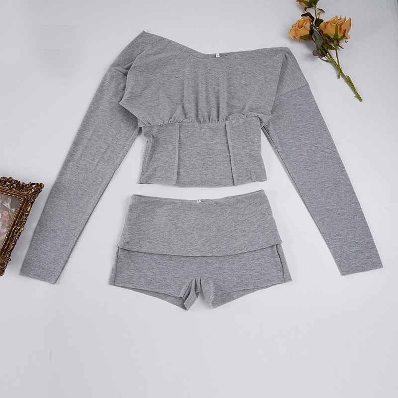 Damen nan asymmetrisches einschulteriges Lounge-Set mit tailliertem gerafftem Crop-Top und hochgeschnittenen Umschlag-Shorts Drune