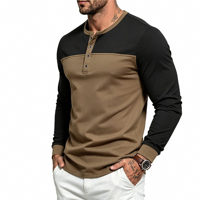 Herren Slim-Fit Henley-Langarmshirt mit Kontrastpaneel und Metallknopfleiste Drune