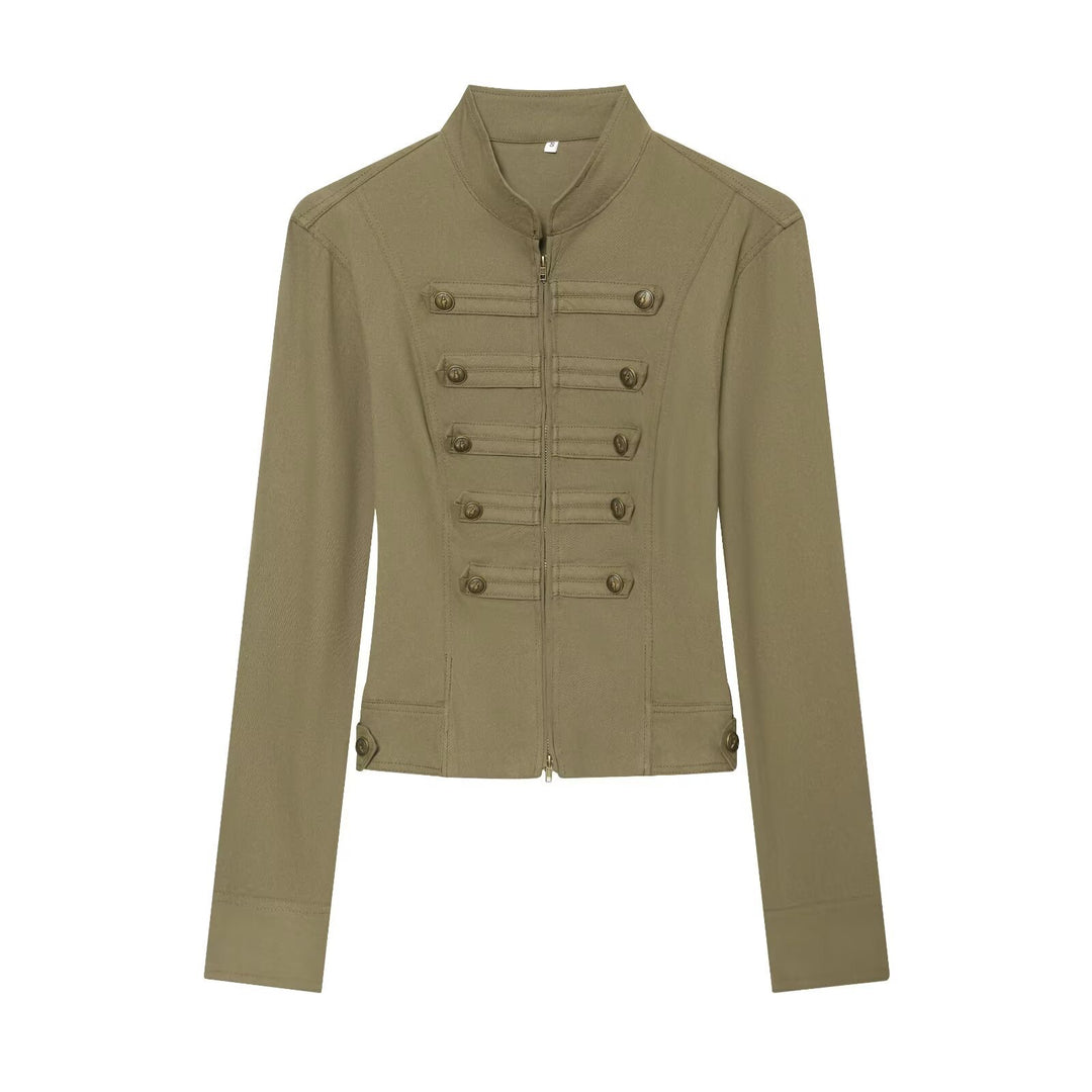 Damen Militärinspirierte taillierte Feldjacke mit Stehkragen und Zierknopfleisten Drune