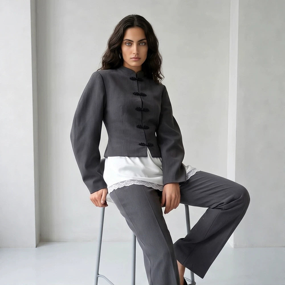 Damen Taillierter Cropped-Blazer mit Mandarin-Kragen und Zierknotenverschluss Drune