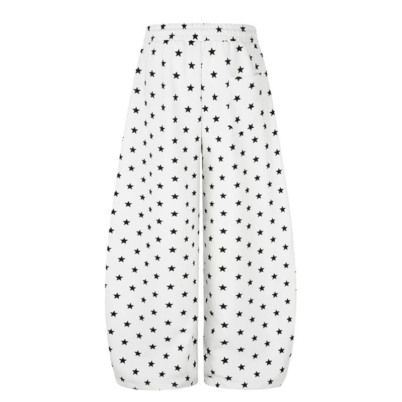 Damen Weite Palazzo-Loungehose mit Sternenallover, Tunnelzugbund und typografischem Print Drune