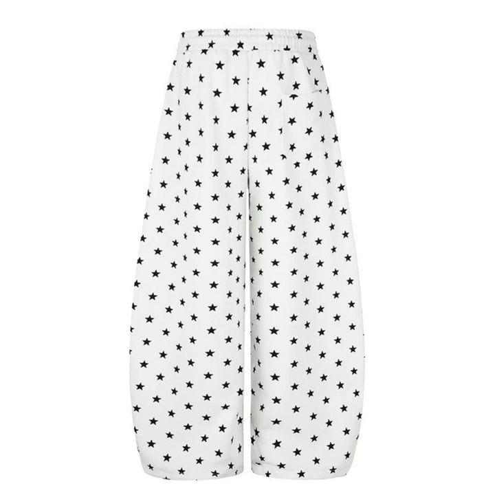 Damen Weite Palazzo-Loungehose mit Sternenallover, Tunnelzugbund und typografischem Print Drune