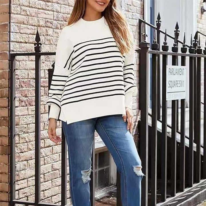 Damen lässiger Strickpullunder mit breiten Streifen und überschnittenen Schultern Drune