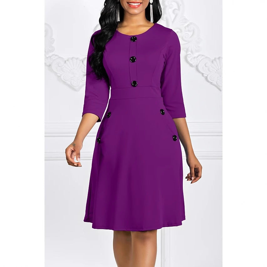 Damen Elegantes knieumspielendes Kleid mit Schmuckknöpfen und 3/4-Ärmeln Drune