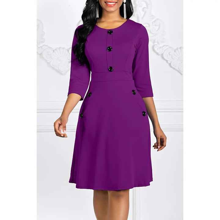 Damen Elegantes knieumspielendes Kleid mit Schmuckknöpfen und 3/4-Ärmeln Drune