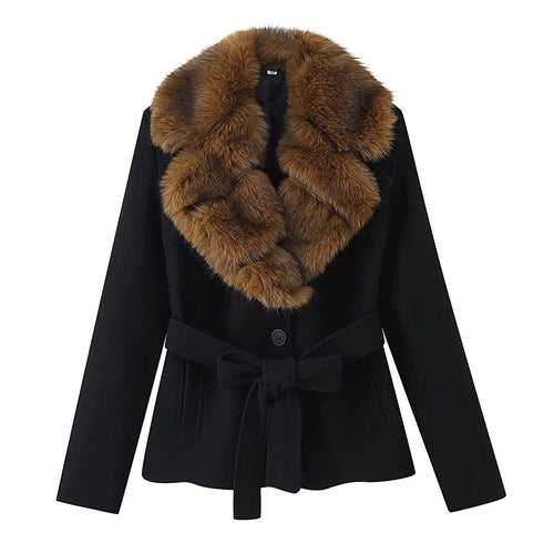Damen nan eleganter Kurzmantel mit voluminösem Kunstpelz‑Schalkragen und formendem Bindegürtel Drune