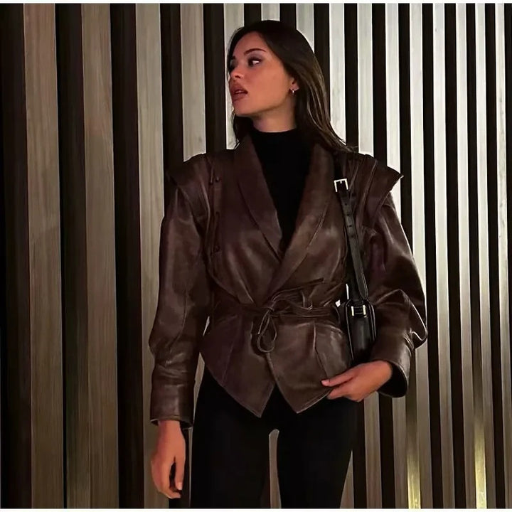 Damen nan taillierte Bindegürtel-Kunstlederjacke mit Schalkragen und Schnürdetails Drune