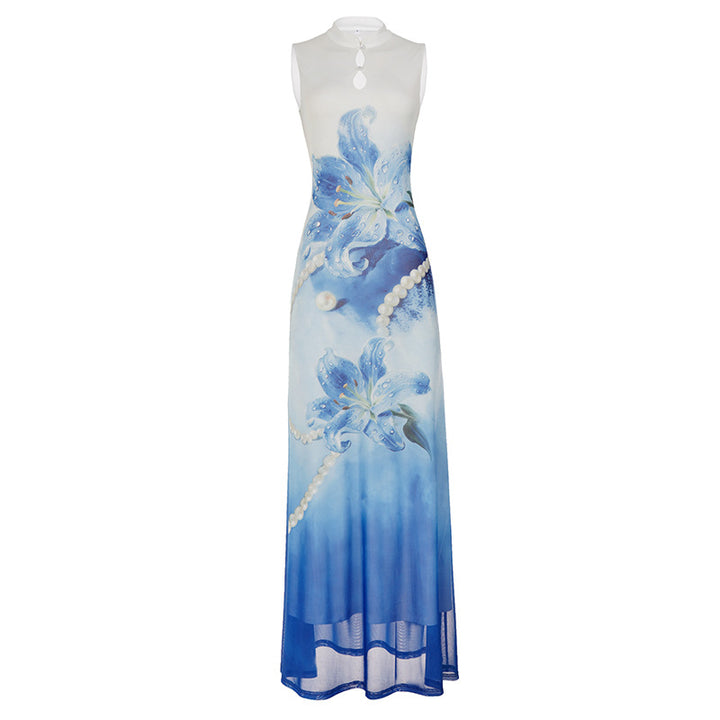 Damen Maxi-Kleid mit floralen Akzenten und elegantem Rundhalsausschnitt Drune