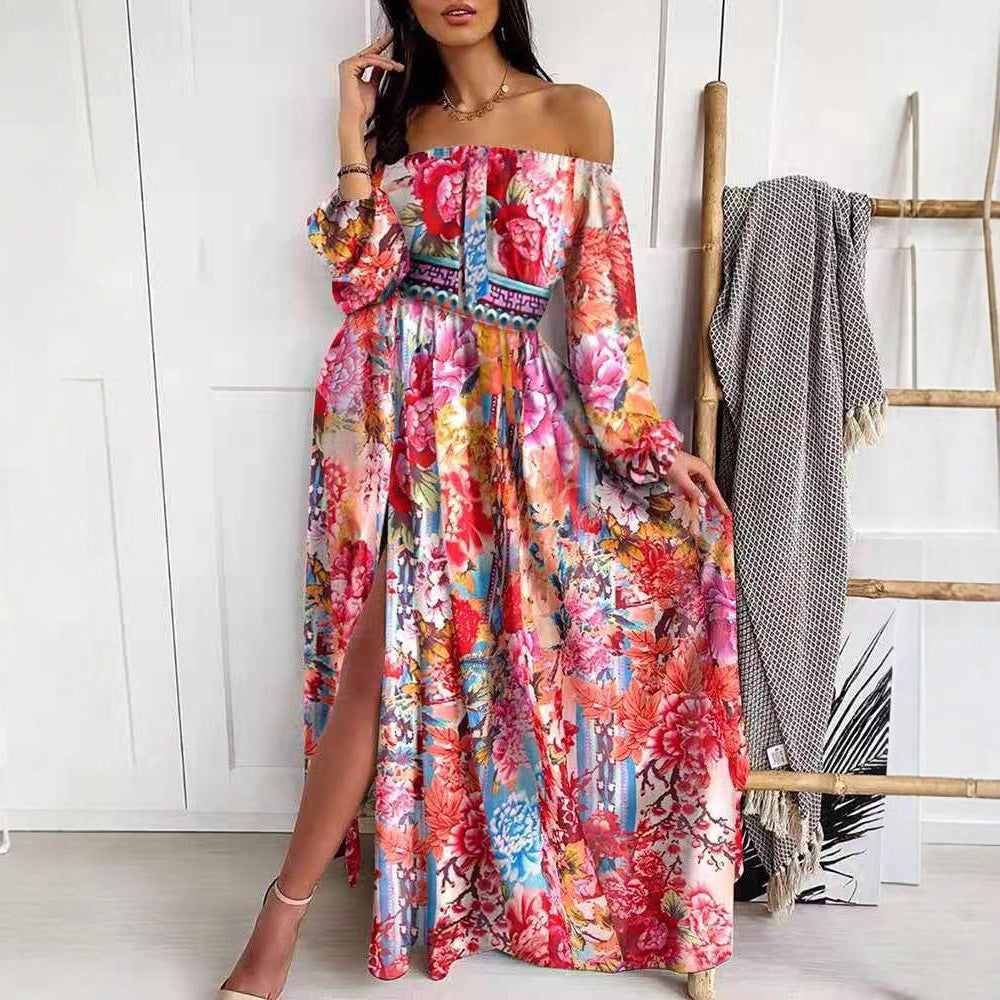 Damen Maxikleid mit offenem Schulterdesign und aufwendigem Barockmuster Drune
