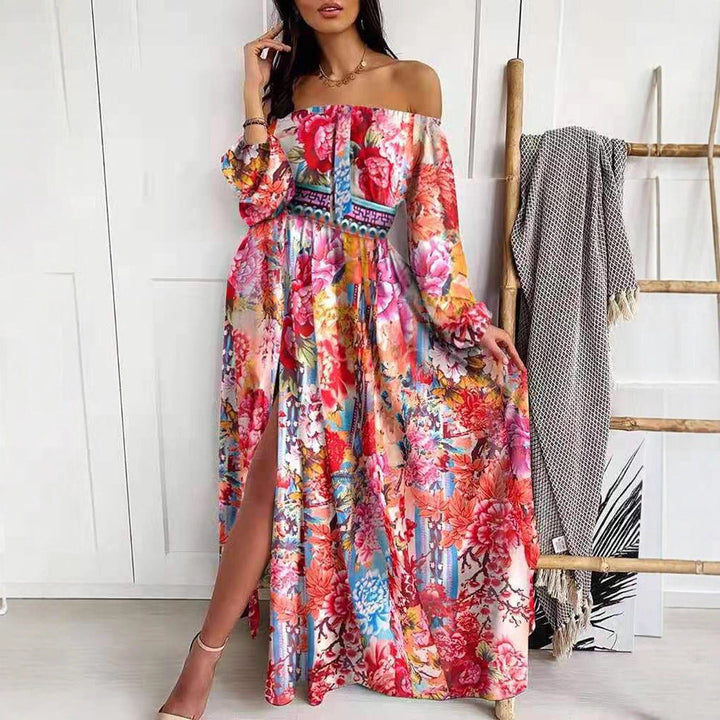 Damen Maxikleid mit offenem Schulterdesign und aufwendigem Barockmuster Drune