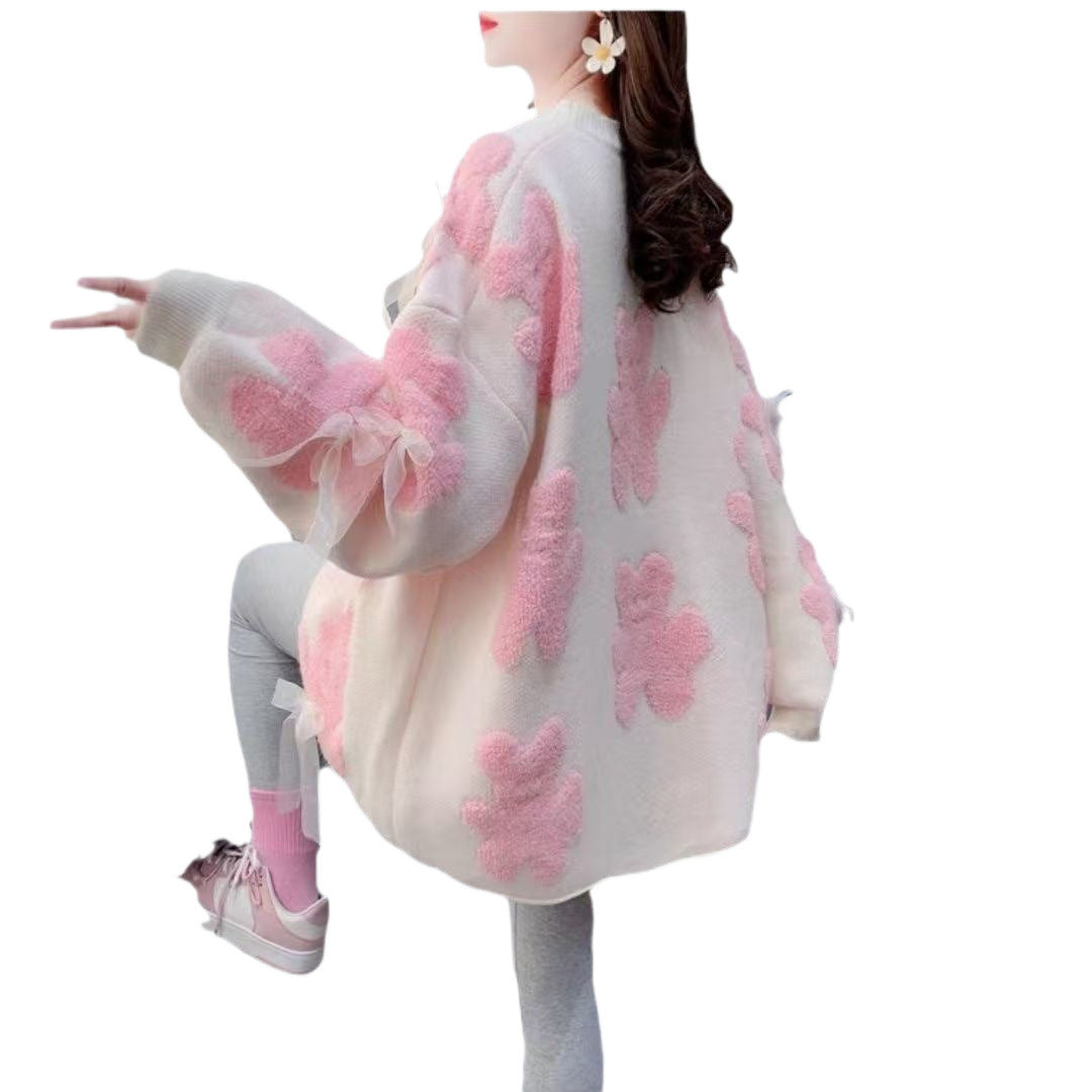 Damen flauschige Strickjacke mit verspielten Bärenapplikationen und entzückenden Schleifen Drune