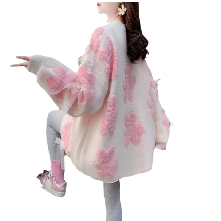 Damen flauschige Strickjacke mit verspielten Bärenapplikationen und entzückenden Schleifen Drune